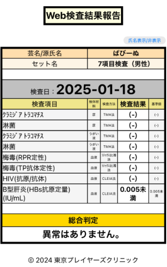 バビーヌの性病検査証明書